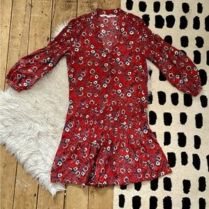 Veronica Beard Red Palmetto Pintuck Boho Silk Mini Dress 6